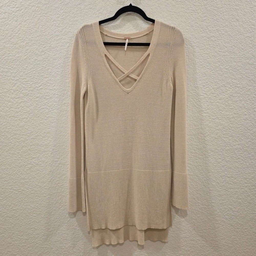 Free People Sweater Womens XS Beige Criss Cross V-Neck Tunic Flare Sleeve Boho